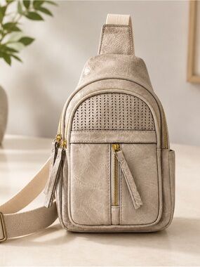 Modern Cream Crossbody Sling Bag with Gold Accents